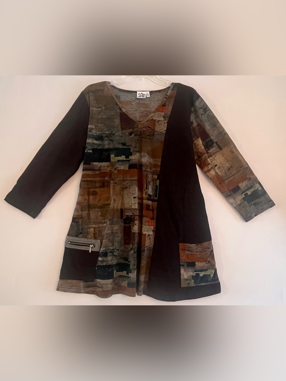 Parsley & Sage Abstract Art To Wear Tunic Top L Boho Patchwork Zipper Pocket